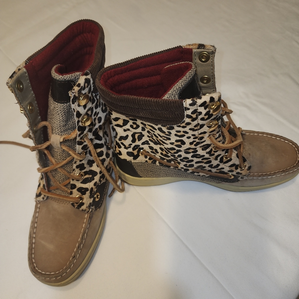 Sperry Hikerfish Brown Leather Leopard Lace Up Ankle Boot Sz 6.5 like used. A-1